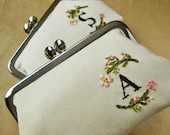 Custom personalized linen purse with floral embroidery