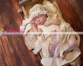 VinTaGE SHaBBy CHiC Newborn BoNNeT 0 - 6 month Baby PiNaFoRe DReSs set PHoTo PRoP Sheer Skirt Floral Fabric Fringe QUiLt PaNeL Open Tie Back