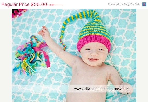 SALE Rocki Munchkin TiCkLe TaSSeL Newborn Girl Hat Baby Photo PROP Stocking Cap Hot Pink Lime Turquoise Stripe PiCk CoLors Knit to order To