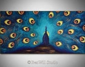 ORIGINAL PEACOCK Art LARGE Turquoise Blue Peacock Painting Oil on Canvas 48x24 by BenWill