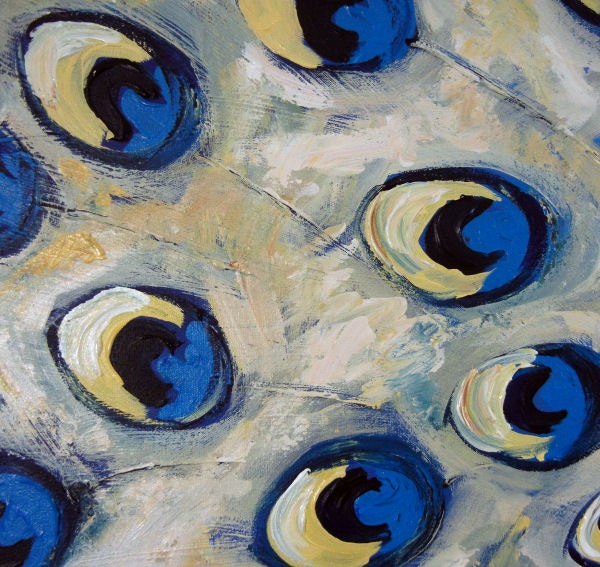 PEACOCK Painting ORIGINAL Blue Ivory White Peacock Art - LARGE Oil Painting on Canvas 40x24 by BenWill