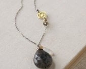 Lindsay Necklace- labradorite, white moonstone, vintage brass, quartz, sterling silver, goldfill.