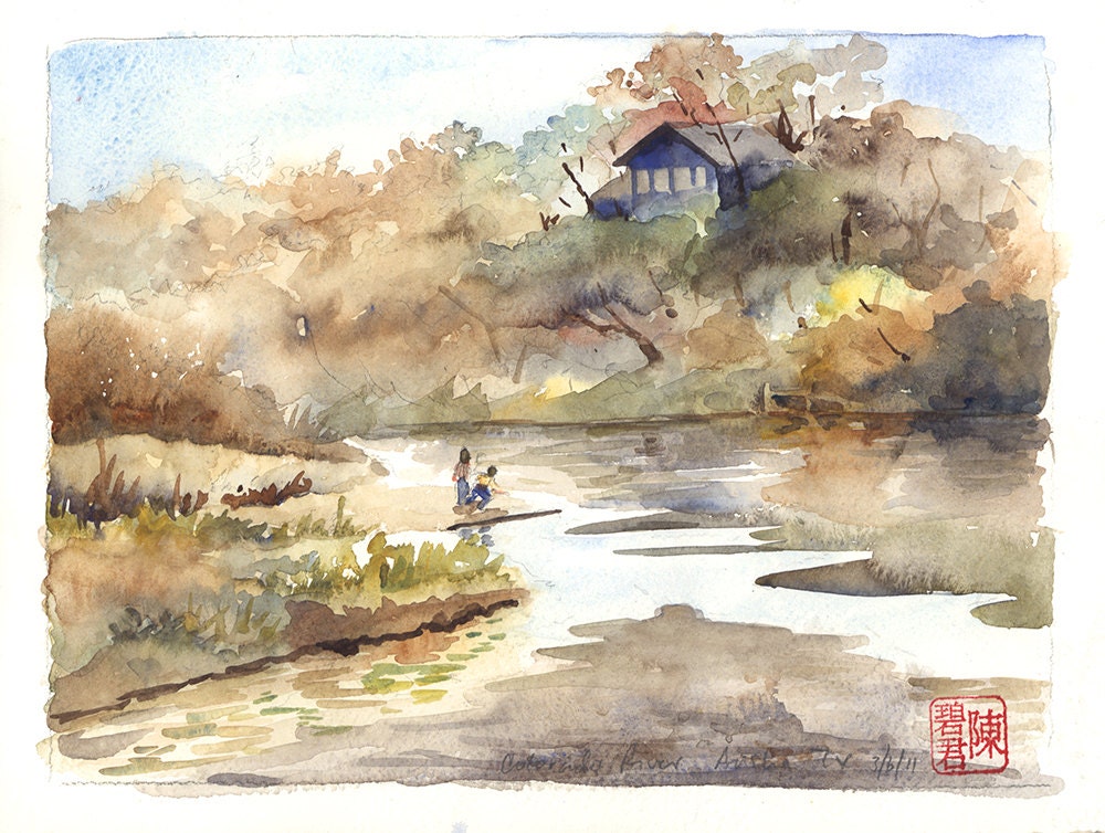 Original Watercolor Painting, Colorado River, Austin Texas, Free Mat, Ready to Frame 9 x 12