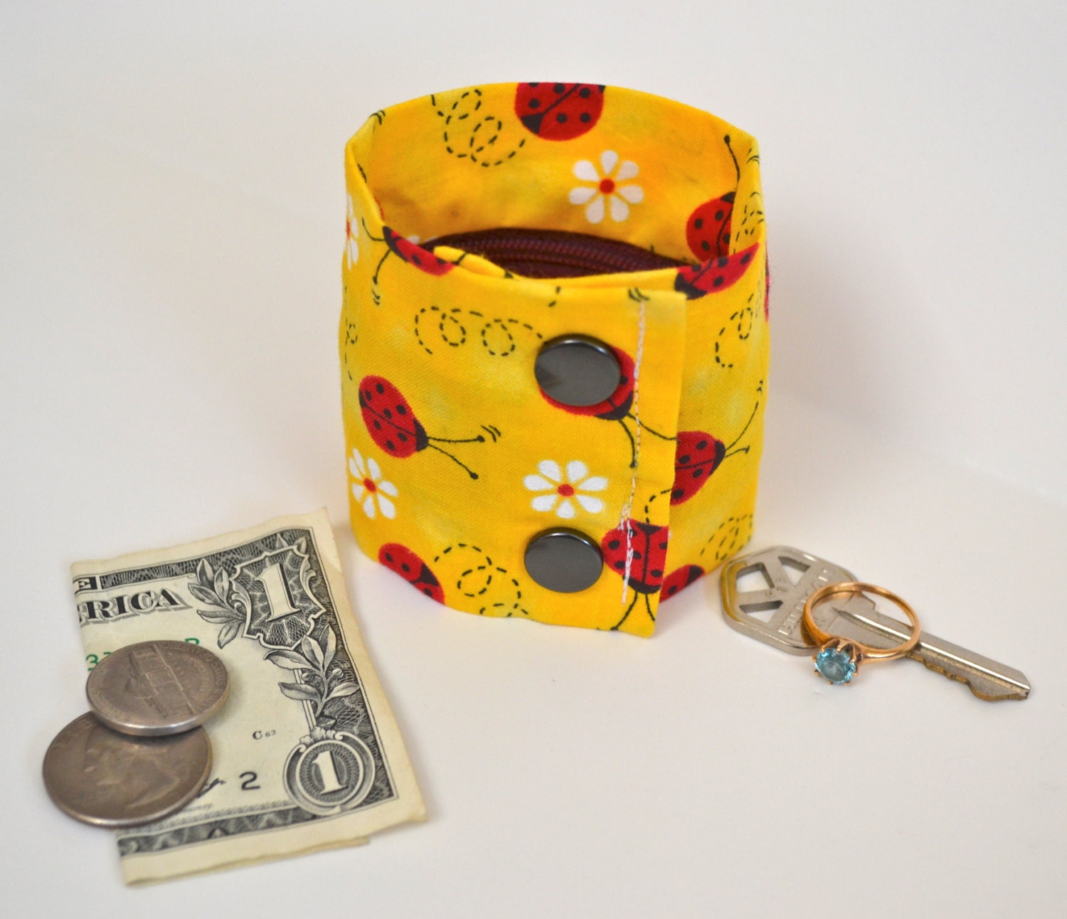 Money Wrist  Cuff- "Secret Stash"- Ladybugs --stash your cash, coins, jewels , health info in a hidden inside zipper--