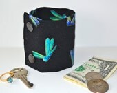 Money Wrist  Cuff- Secret Stash- Dragonflies- -stash your cash, coins, jewels, health info, in a hidden inside zipper--New Fabric...