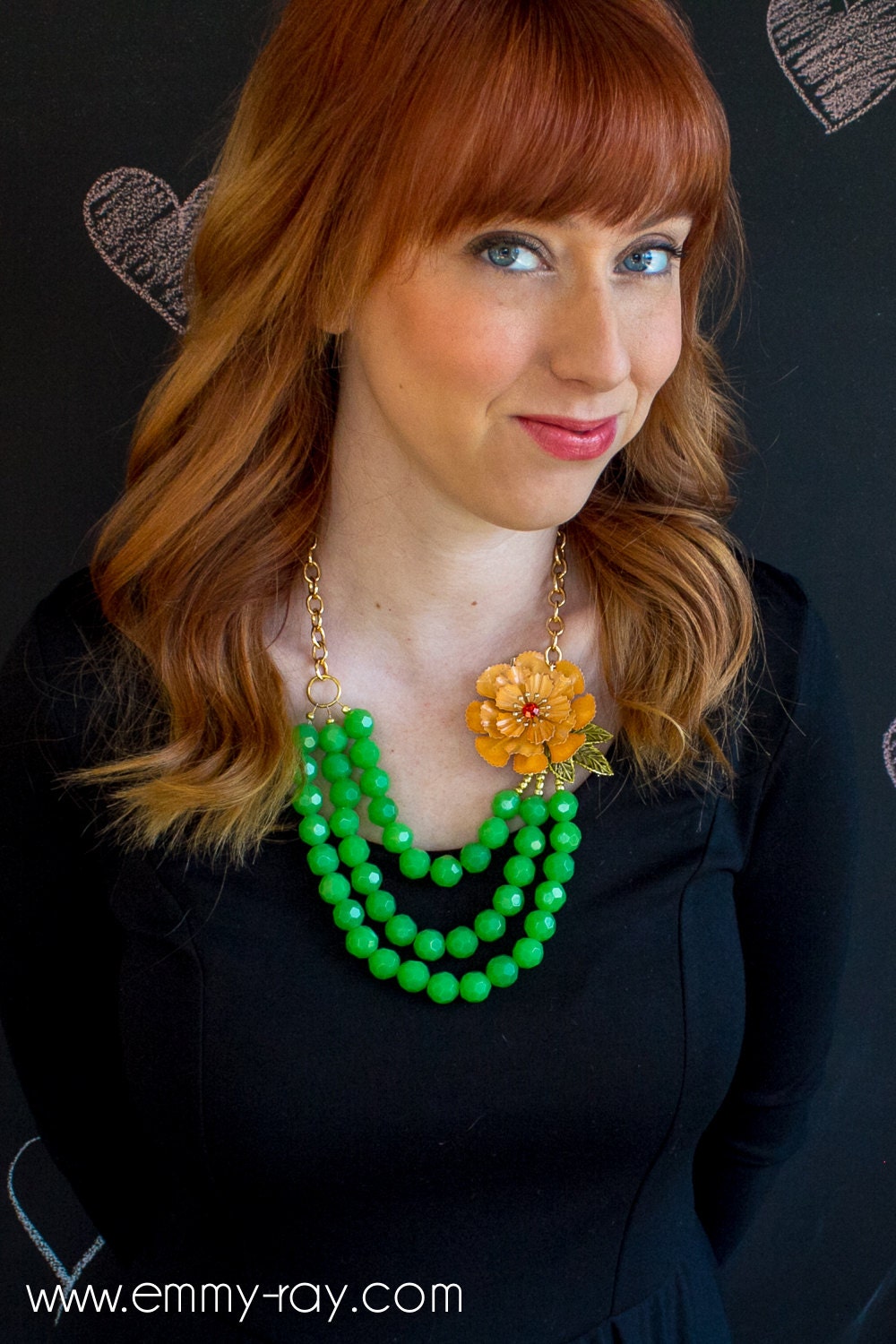 Green and orange one of a kind beaded statement necklace