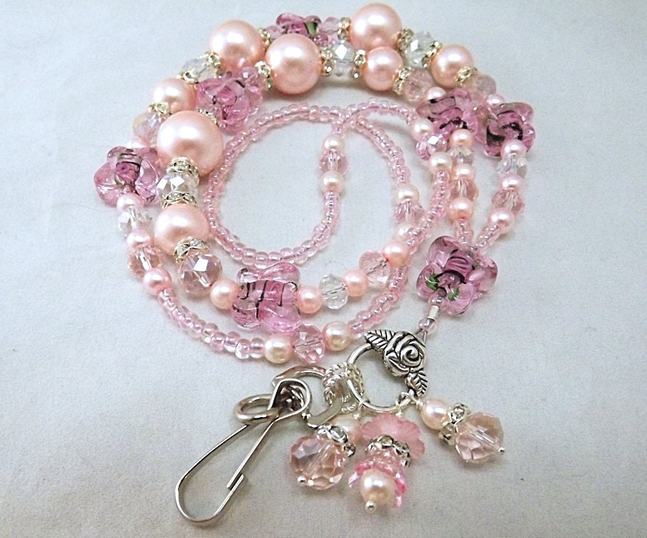 Pink Butterfly Lanyard, Glass, Crystal and Pearl Beaded id Lanyard, id Holder, id Necklace, Aflutter, TPMB