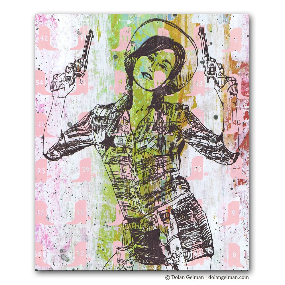 Pink Cowgirl Painting, Sharpshooter Panel Painting on Wood, Coral Chartreuse Acrylic, Country Western Home Decor
