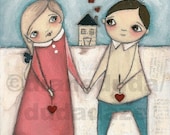 Print  of my original mixed media painting -  Us    Happy Couple