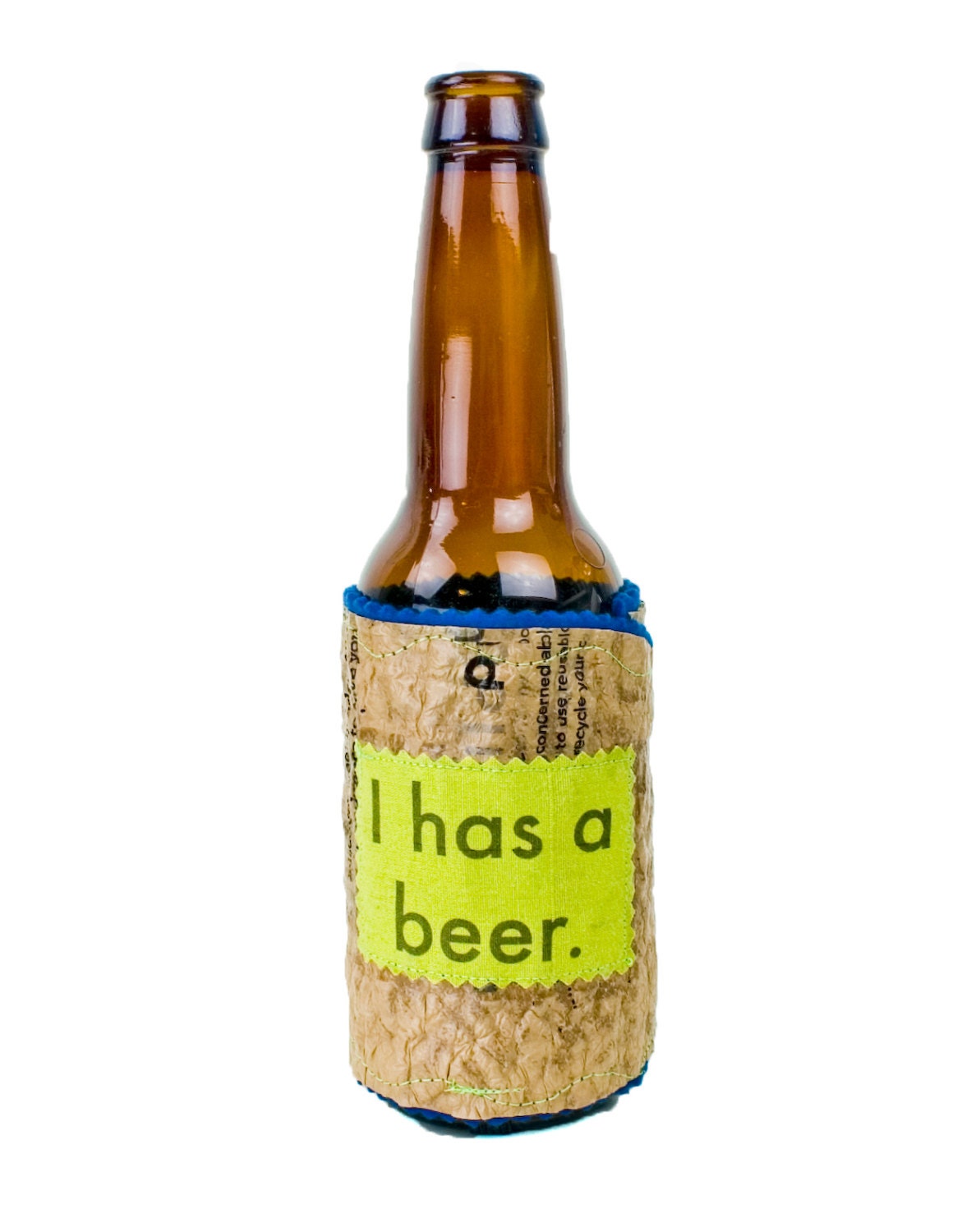 I has a beer Bottle Coozy made from Recycled Plastic Bags