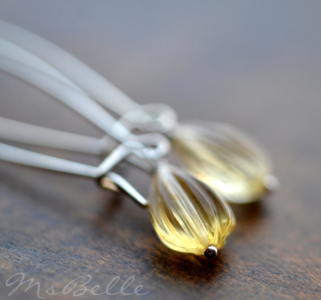 Carved Citrine Briolette Dangle Earrings in Sterling Silver - Yellow Gemstone Silver Jewelry