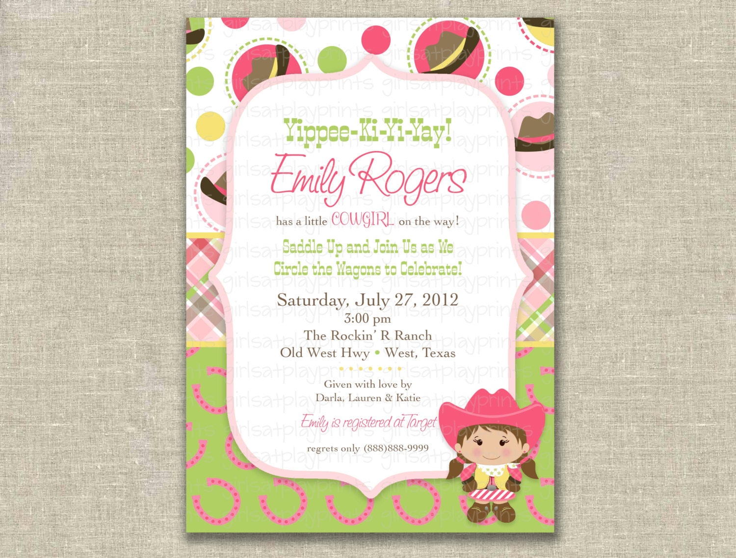 Baby Girl Shower Invitation Cowgirl Western Rodeo - Printable - by girls at play girlsatplay Il_170x135