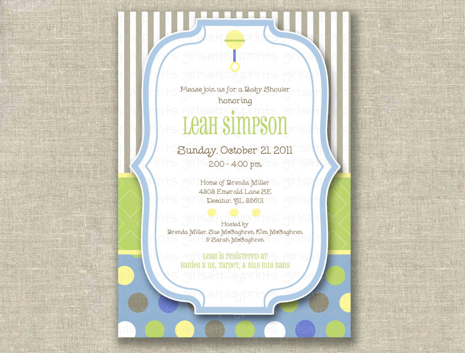 Baby Shower Boy Preppy Invitation Blue Green Brown Dots Printable by girlsatplay Il_570xn