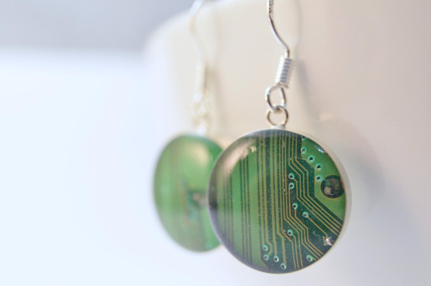 Circuit Board Earrings in Kelly Green and Sterling Silver