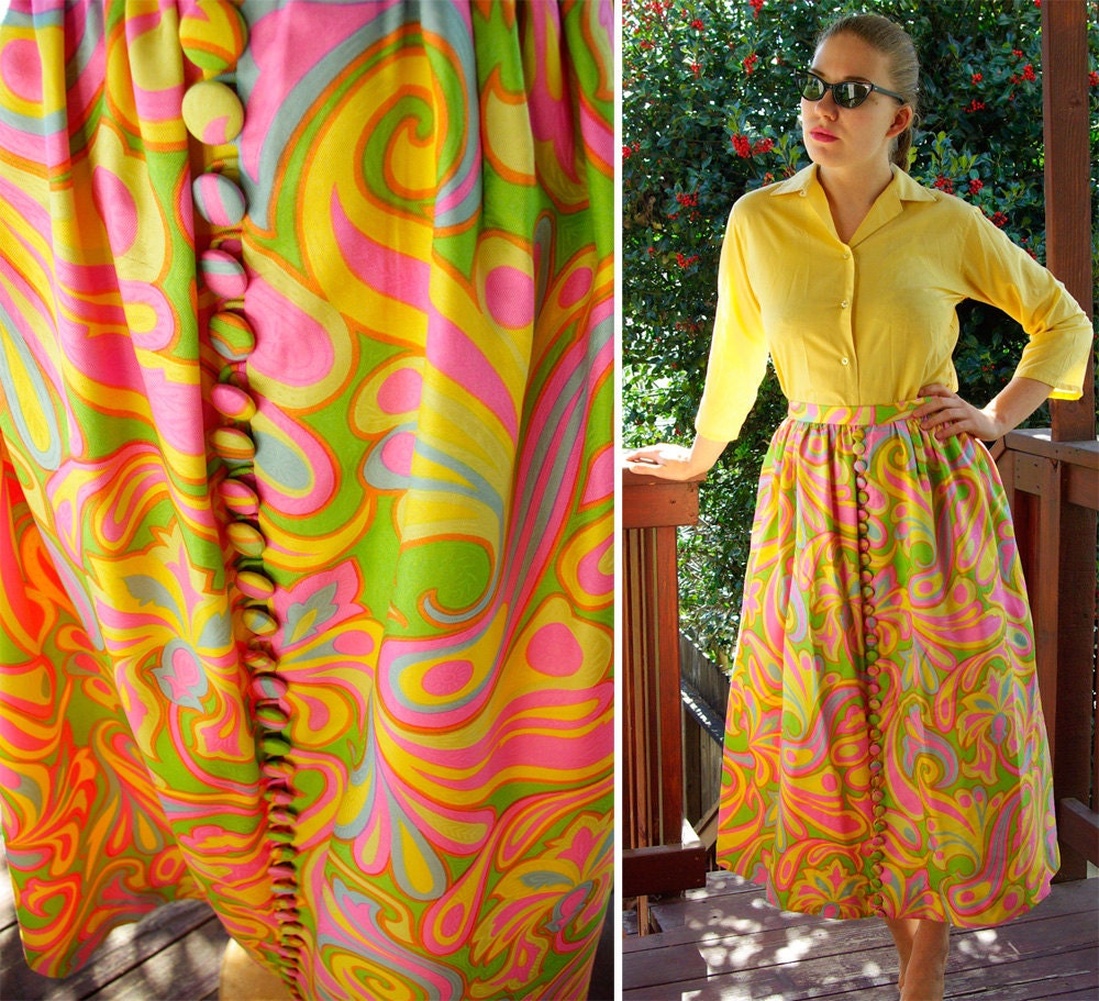 PUCCI Print 1960's 70's Vintage Colorful SILK Pink Yellow & Green Psychedelic Paisley Skirt size Small Med