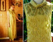 Metallic Gold LACE 1960's 70's Vintage Olive Green Sleeveless Maxi Dress with Cowl Collar size Small