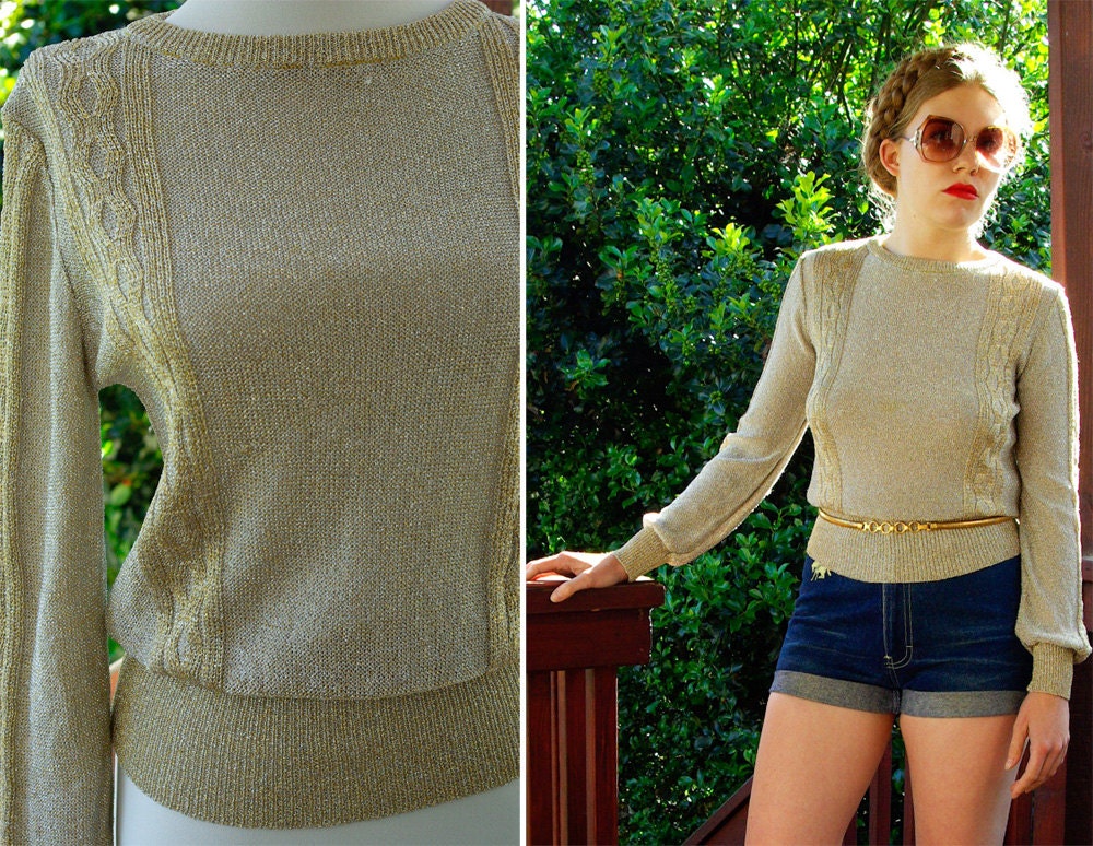 HARK 1960's 70's Vintage Shimmery Metallic GOLD Knit Sweater with Cinched Waist size Medium