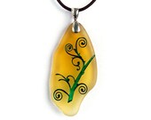 Swirly Vine - Etched Glass Pendant Necklace - Yellow Frosted Glass