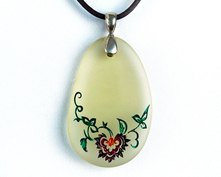 Asian Floral Necklace - Etched Glass Pendant