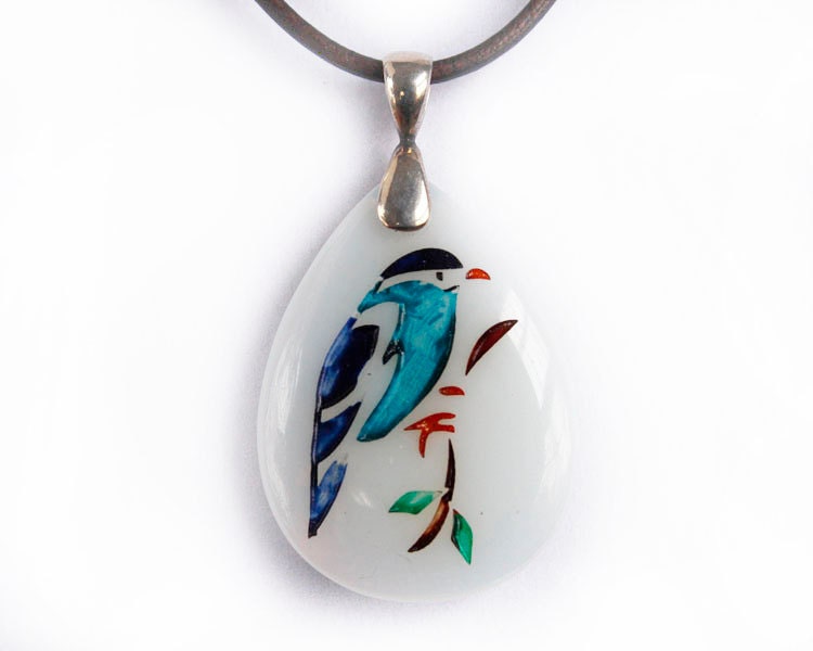 Bluebird Totem Spirit Animal Necklace - Etched Glass Pendant - Opalescent Glass