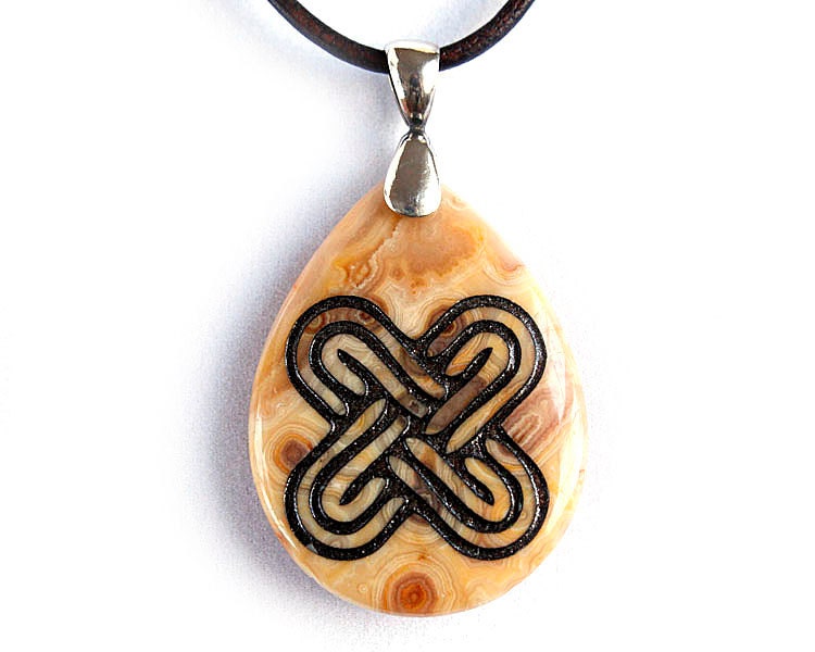 Solomon's Knot Necklace - Engraved Stone Pendant - Crazy Lace Agate