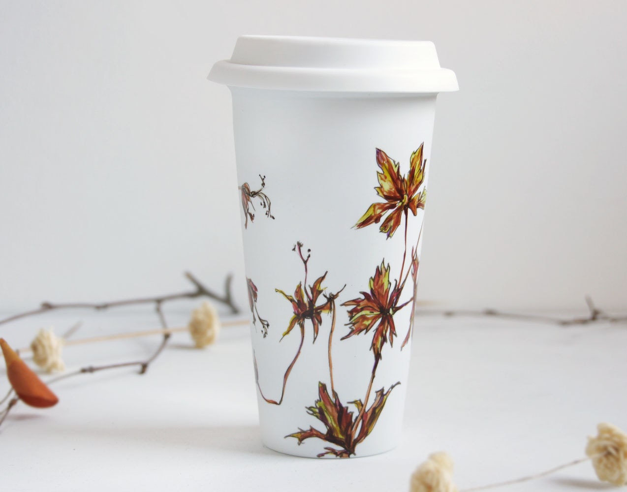 SALE White Ceramic Travel Mug Double Walled Porcelain with Lid - Dry Autumn Cranesbill