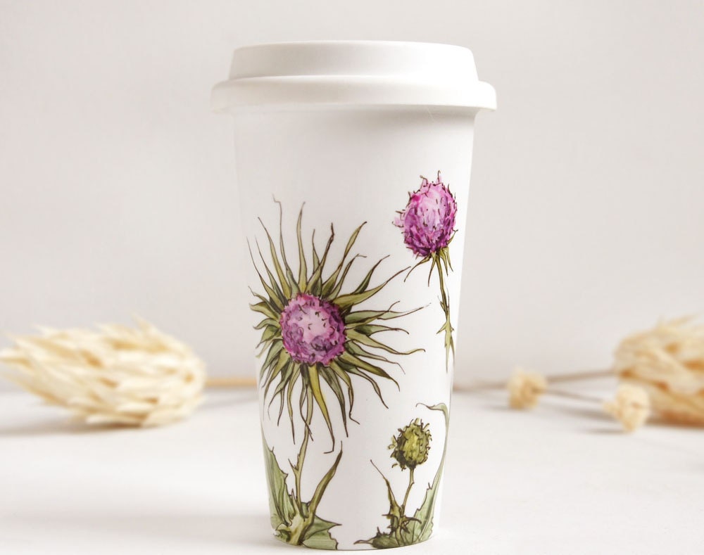 Ceramic Eco-Friendly Travel Mug - Thistles, Botanical Collection