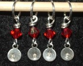 LOVE sterling silver hand stamped knit stitch markers with siam red swarovski crystal - set of four