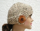 Cloche beanie hat knit in oatmeal tweed with a tree branch button - bulky yarn - women fashion accessories
