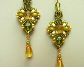 Micro Macrame Beaded Earrings- Olive Green and Light Gold, Fleur style- Bead Earrings