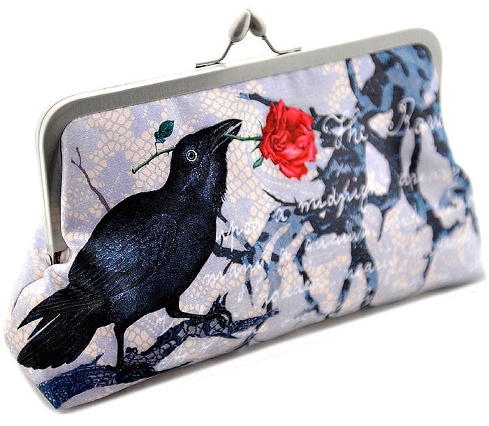 The Raven. Printed Edgar Allan Poe SMALL clutch/shoulder bag in dupion and silk (lighter version). Unique, designed by Baba Studio.