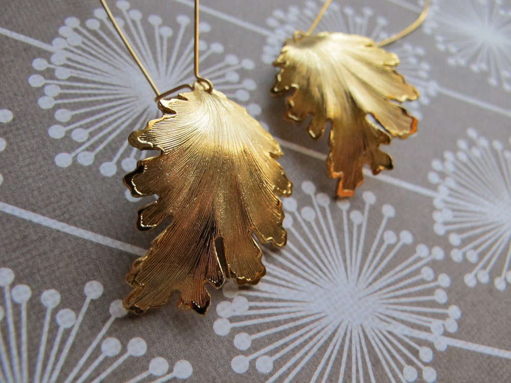 14K Gold Vintage Leaf Earrings, Oversized Brass Ear Hooks, Long Dangle Earrings by Glamourpuss Creations on Etsy