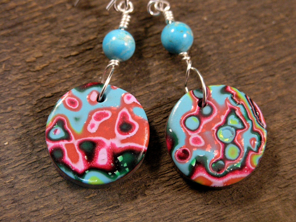 turquoise stone, multi color abstract handmade polymer clay beads and silver earrings