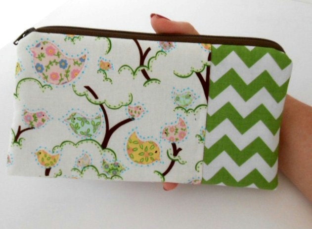 Large Birds Zipper Pouch Coin Purse ECO- Friendly Padded OOAK Tree Top Birds with Chevron