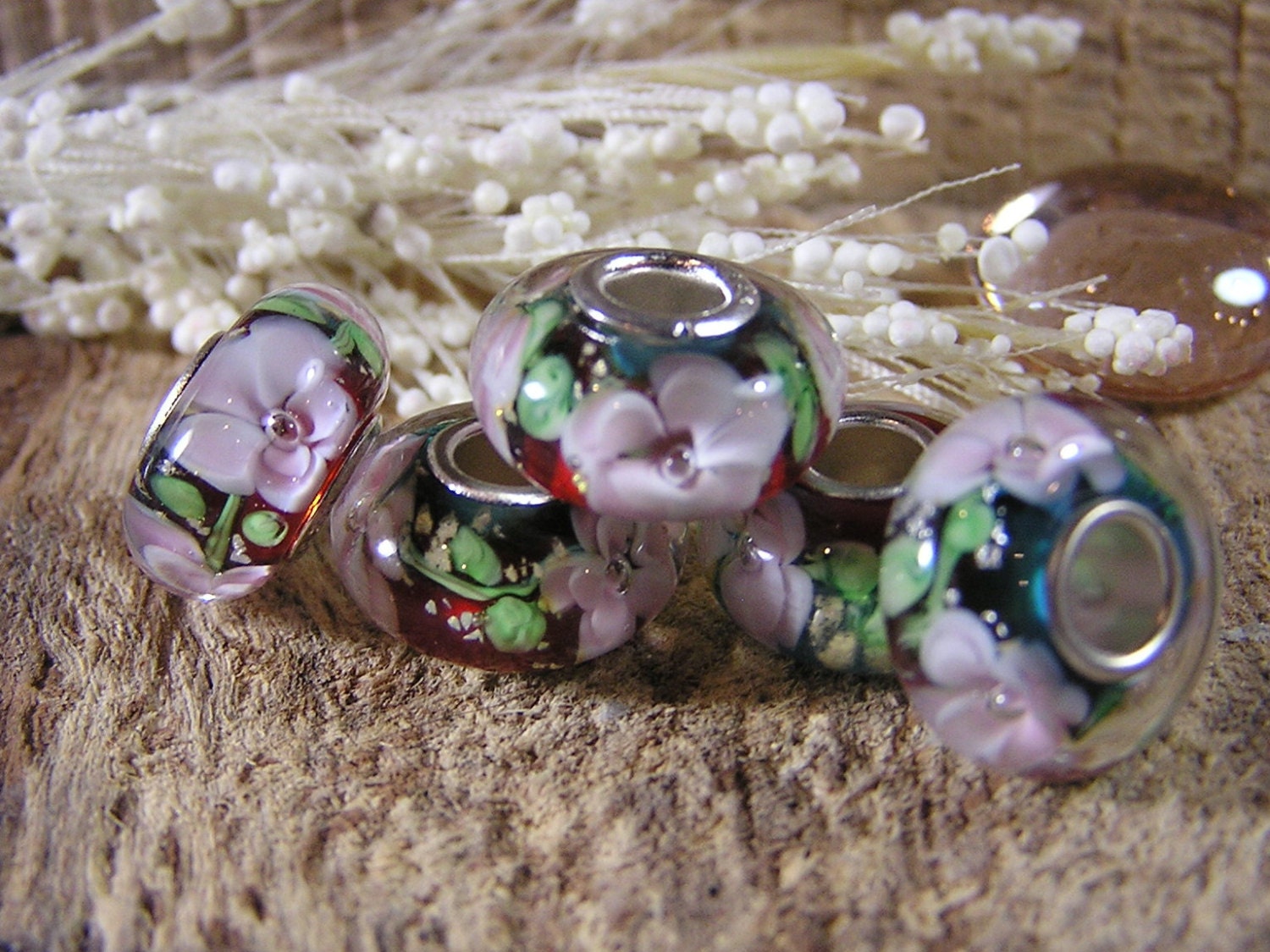 Floral Beauty European Murano Glass Bead - 5 pieces