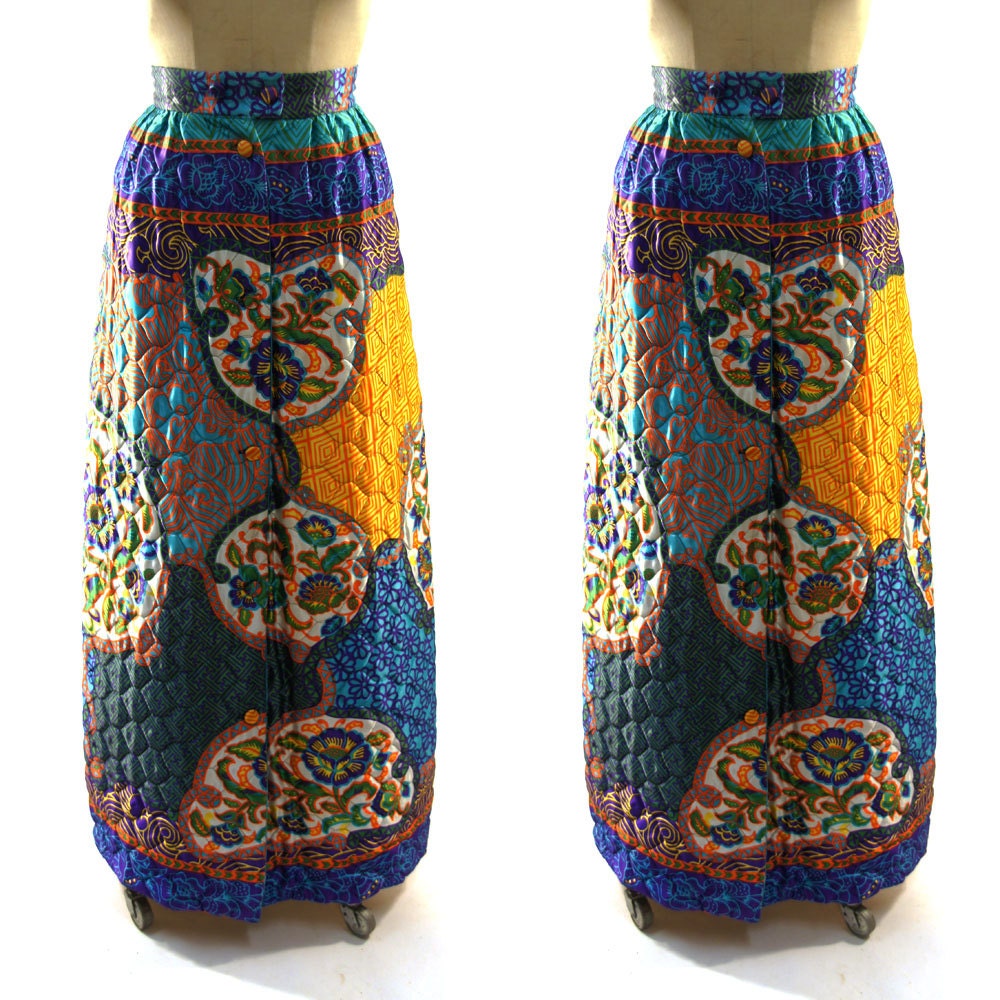 60s Quilted Psychedelic Maxi Skirt / Ethnic Printed Satin / Button Up