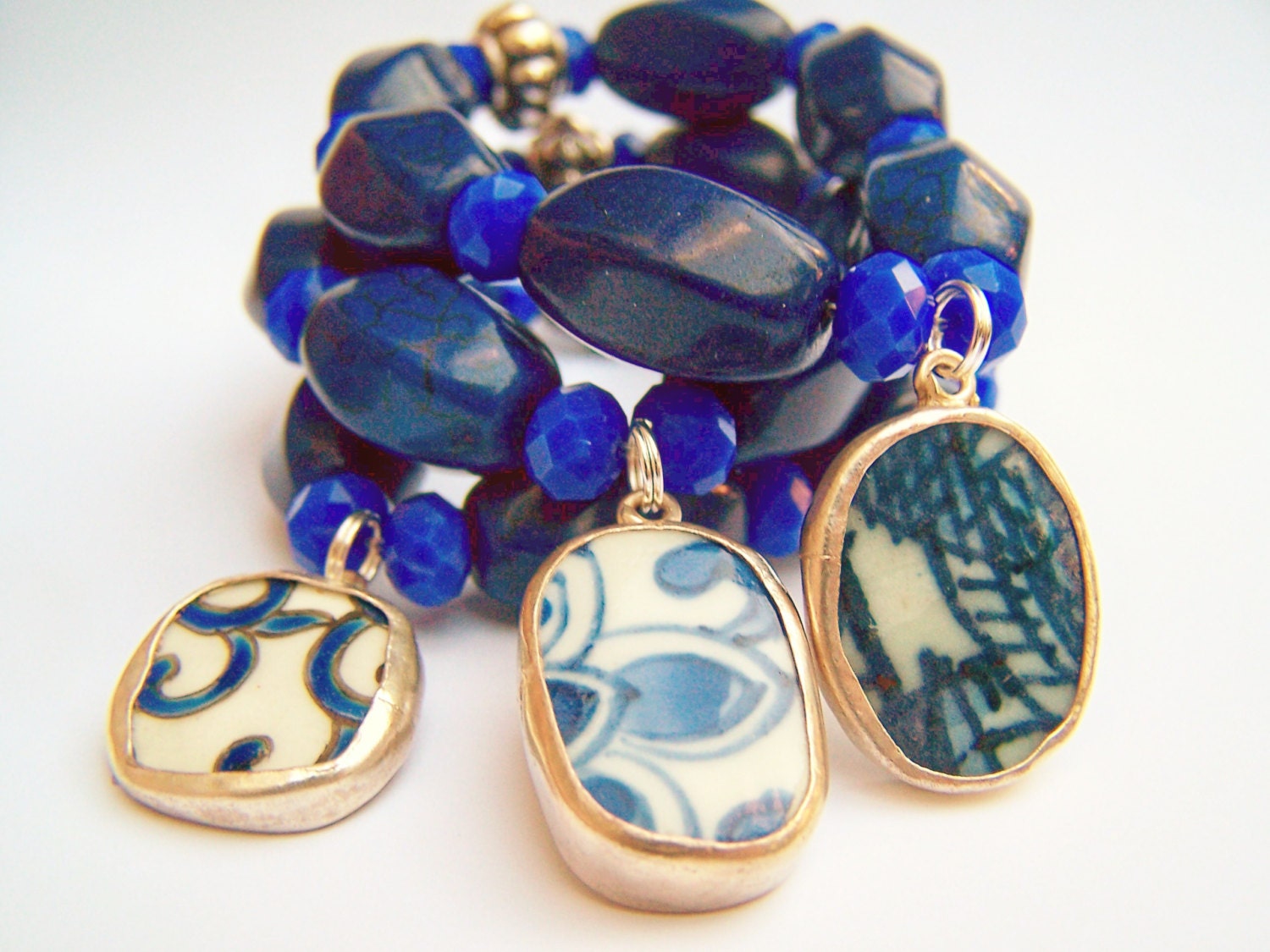 Indigo Blue Stack Bracelet, Pottery Shard Charm Bracelet, Blue Beads Stretch Bracelet with Porcelain Charm, OOAK - Indie