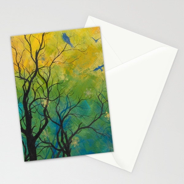 Greeting Card - First Snow - sunset tree blossoms landscape birthday gift congratulations love colorful watercolor art painting envelope