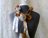Rural Route Lariat - Crocheted Lariat Scarflette -  Chocolate Brown and Dove Grey