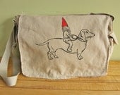 Gnome and Dachshund Messenger Bag--Screen Printed Cotton Canvas- Putty, Chocolate Brown- Gift Under 40 Dollars--Gift For Her