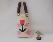 Textile art rabbit doll called Bunty Hopkins