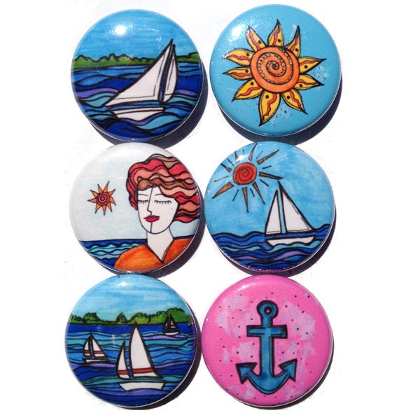 Nautical magnets - Sailing magnets, sailboat magnets, pinback buttons s, 1 inch, sailboat, sun, anchor magnet set, fridge magnet