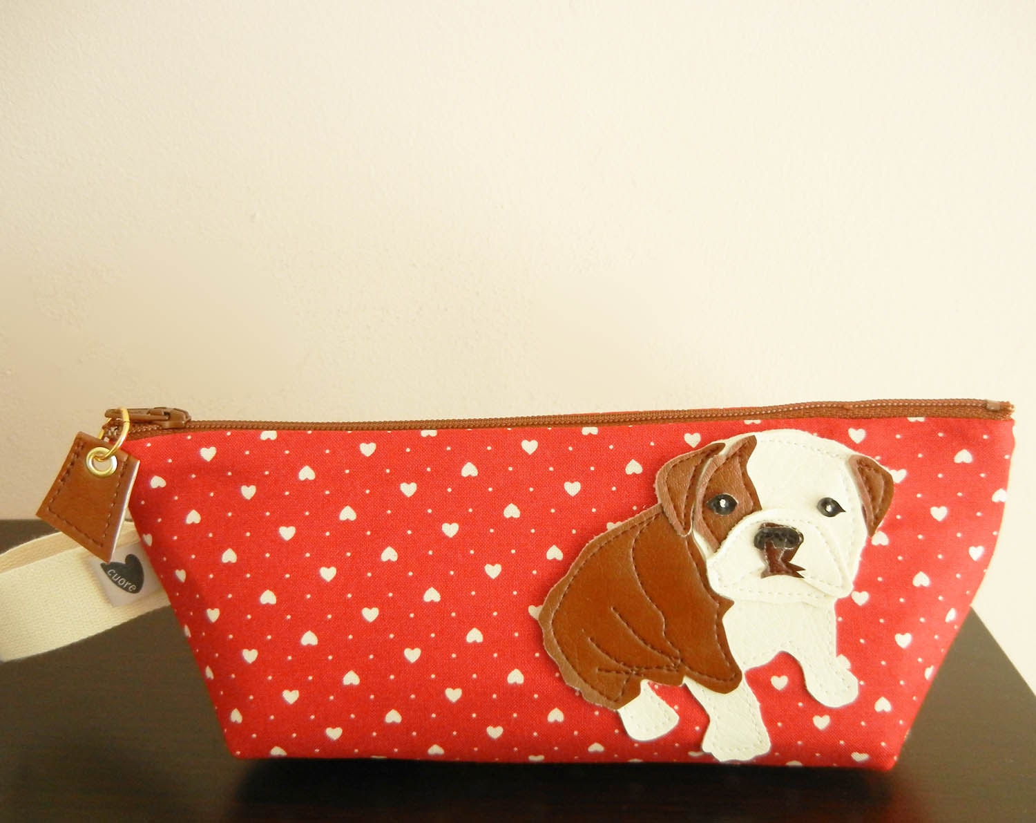 Valentine's Day Boris the English Bulldog Red Hearts Cotton Canvas Carry All Case Vinyl Applique