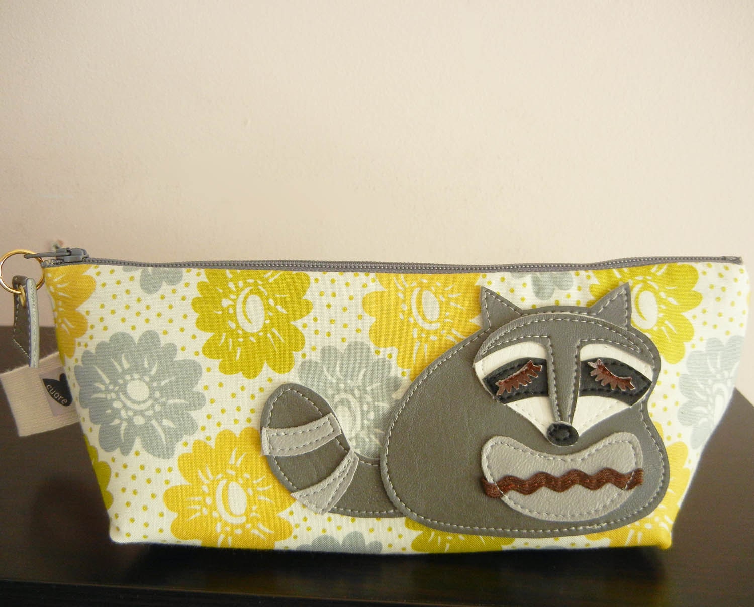 Kyle the Raccoon Olive Green Grey Floral Dots Print Cotton Canvas Carry All Case Vinyl Applique