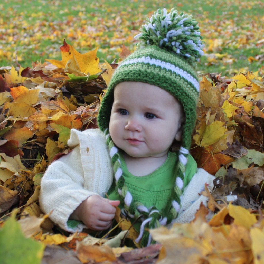 Baby Pompom  Hat  with Earflaps  Hand Crochet Green and White 0 to 3 months Ready to Ship