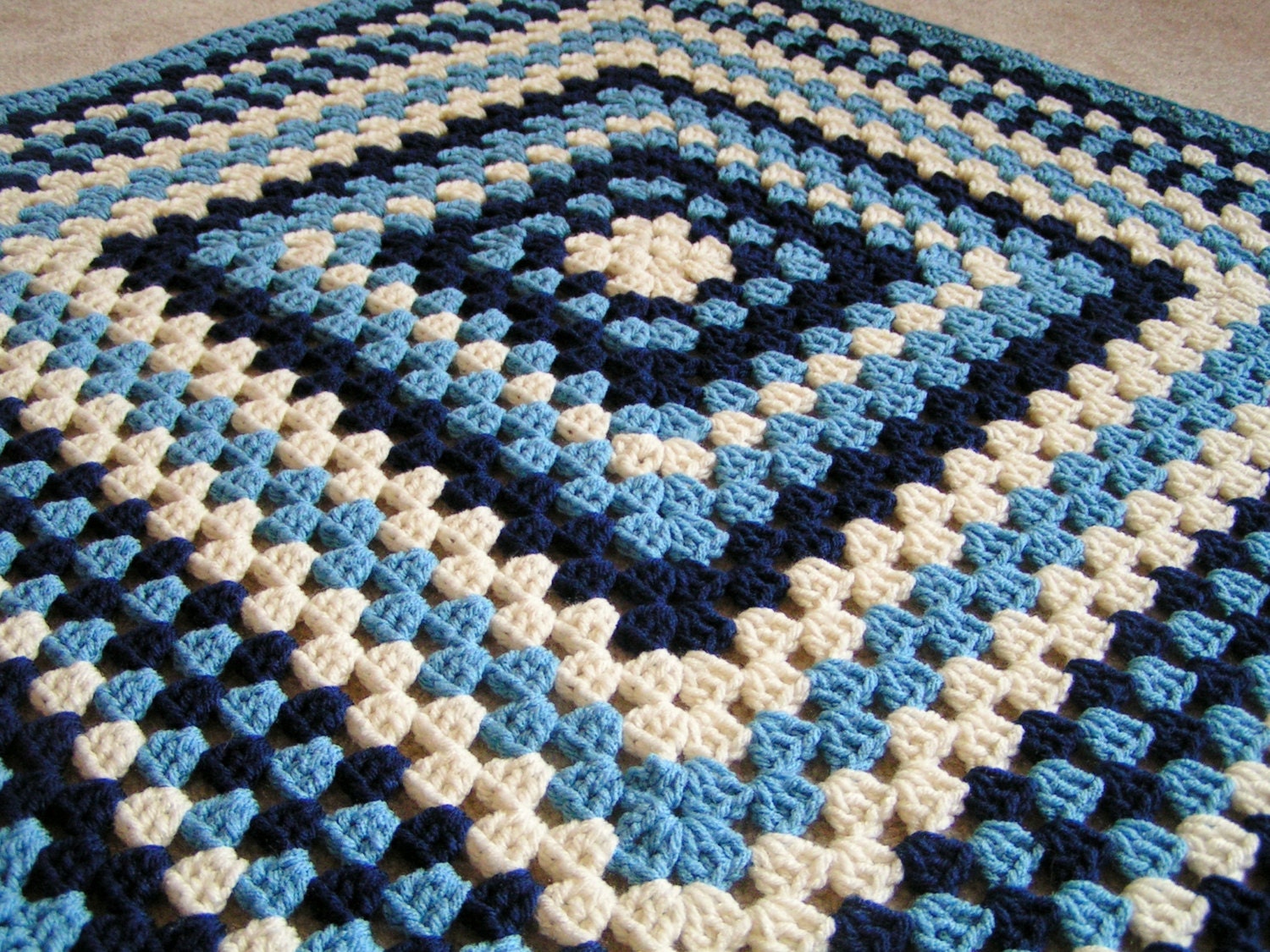 Baby Granny Square  Blanket Crochet Navy, Light Blue and Cream Ready to Ship