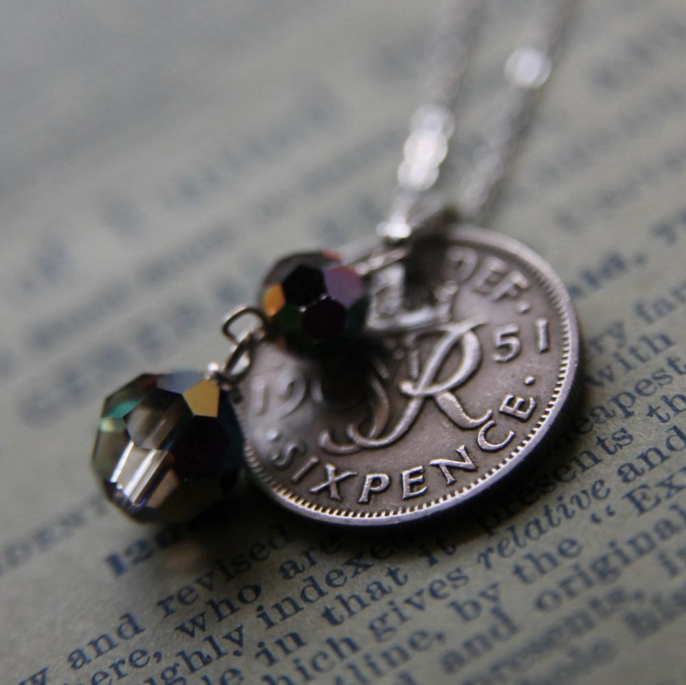 Sixpence Necklace with Vintage Coin, Swarovski Crystal and Sterling Silver