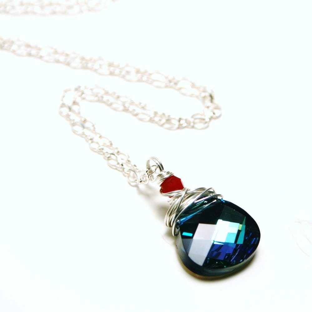 Teal & Red Crystal Necklace - Deep Turquoise and Cherry Coral Swarovski Drop on Sterling SIlver - Women's Jewelry Valentine