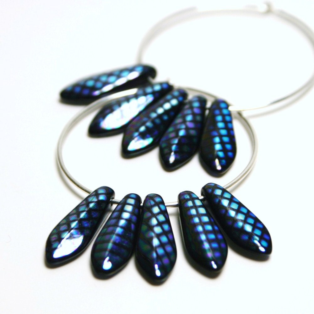 LAST PAIR Blue Polka Dot Hoop Earrings - Iridescent Black & Electric Navy Glass Daggers on Delicate Sterling Silver Circle - Women's Jewelry