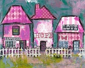 inspirational art ART Wall Decor teenage girl room decor original mixed media collage on canvas bright pink gray chartreuse 12x12"